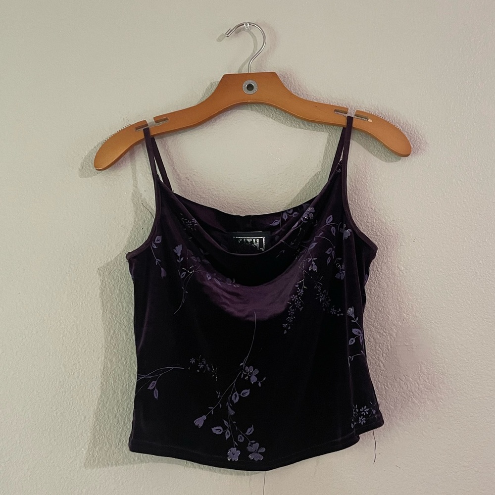 City Triangles Purple Floral Velvet Cowl Neck Camisole